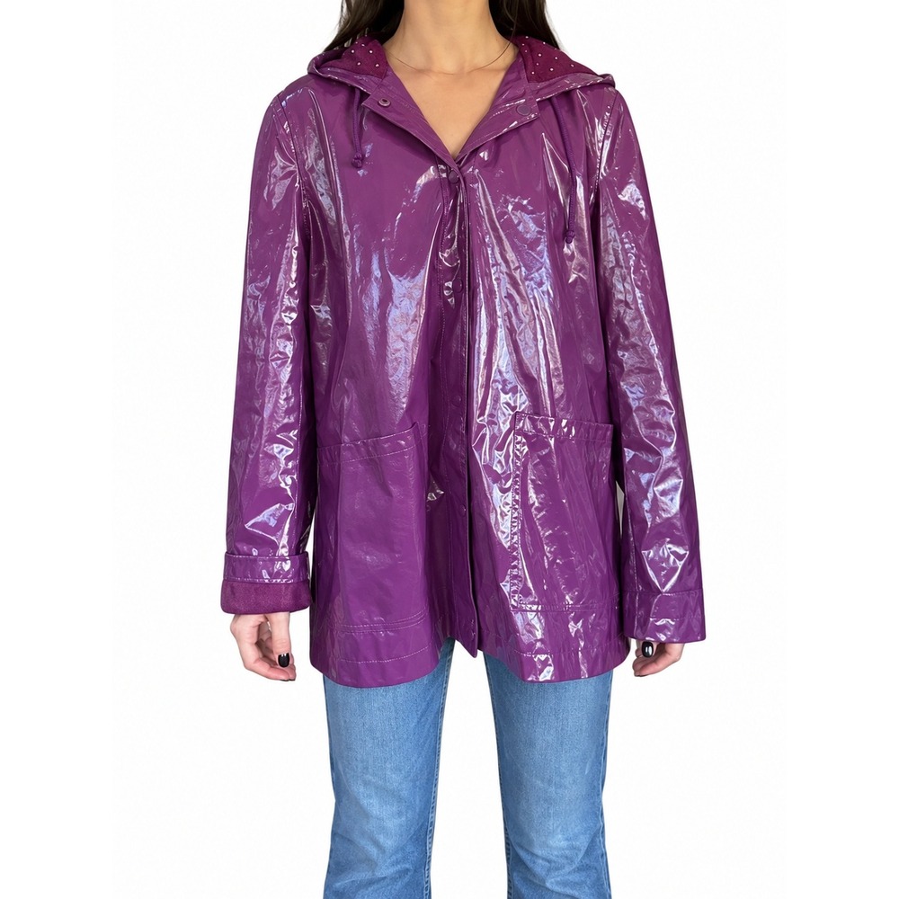 Xhilaration Purple Water Resistant Hooded Raincoat Glossy Polka Dot Lining